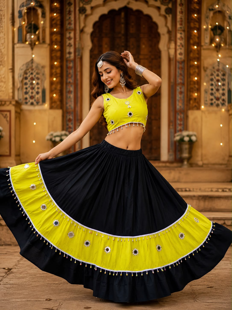 Real Mirror Lace Skirt with Designer Kodi Blouse - Yellow