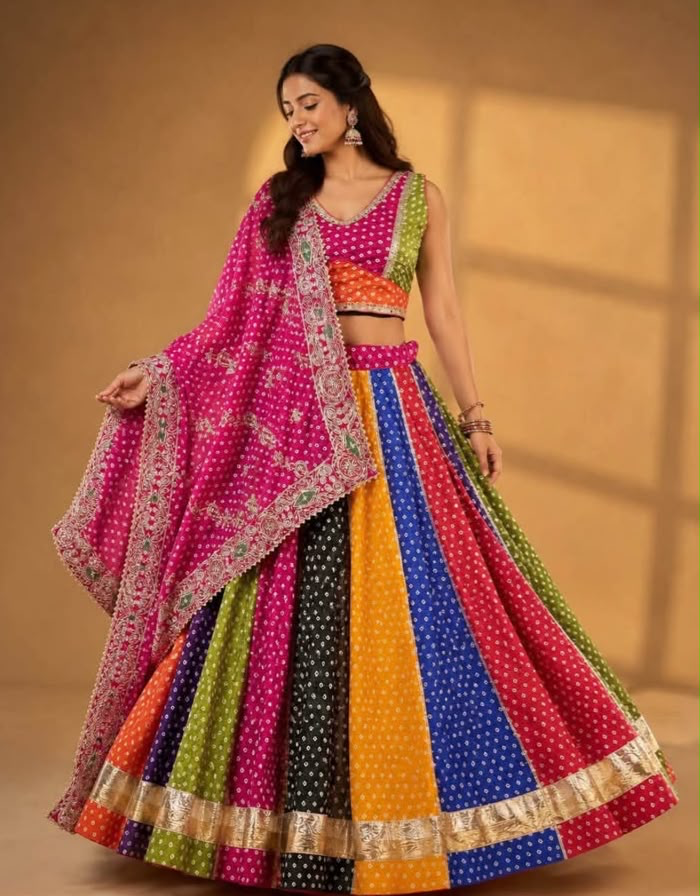 Multi Bandhani Chaniyacholi with Heavy work Dupatta