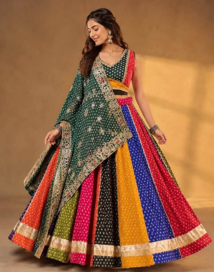 Multi color Bandhani Skirt Chaniyacholi With Heavy Work Dupatta