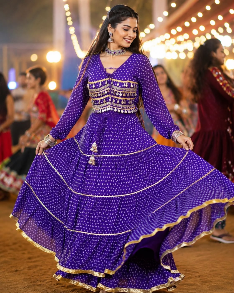 Georgette Fabric Skirt with Full Sleeves Designer Mirror Kodi Work Premium Concept Long Blouse - Purple