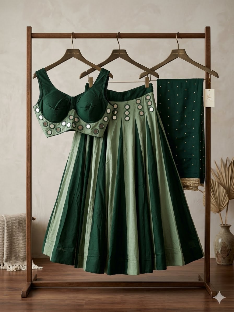 Three- Piece Panelled Chaniyacholi  - Green