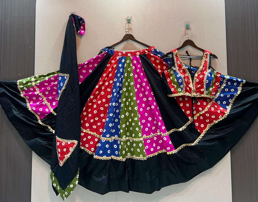 Pure Cotton Fabric Multi Bandhani Polka Print with Real Mirror Lace Multi Color Designer Skirt with Heavy Designer Blouse and Bandhni Patches Fancy Dupatta